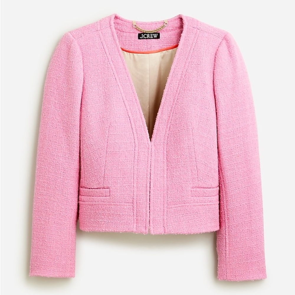 J.Crew Chariot Pink Collarless Lady Jacket in Maritime Tweed Crop Fit